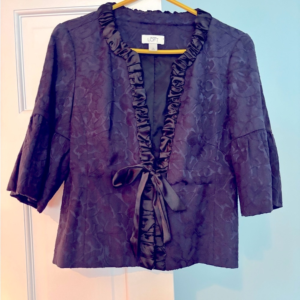 LOFT party perfect top/jacket. Navy/Black brocade with black satin trim.